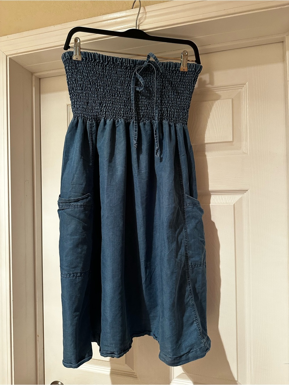 Smocked Strapless Midi Dress in Denim Blue